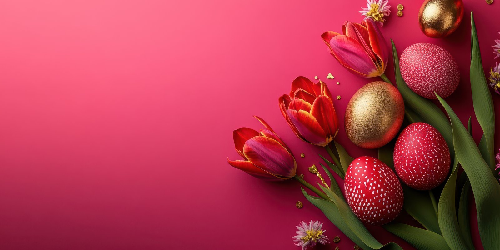 Colorful Easter decorations with flowers and painted eggs on a vibrant pink background